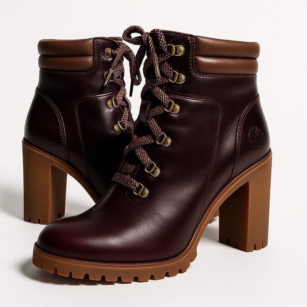 Timberland Allington Heeled Hiker Boots Leather Lug Sole Burgundy Oxblood W’s 8